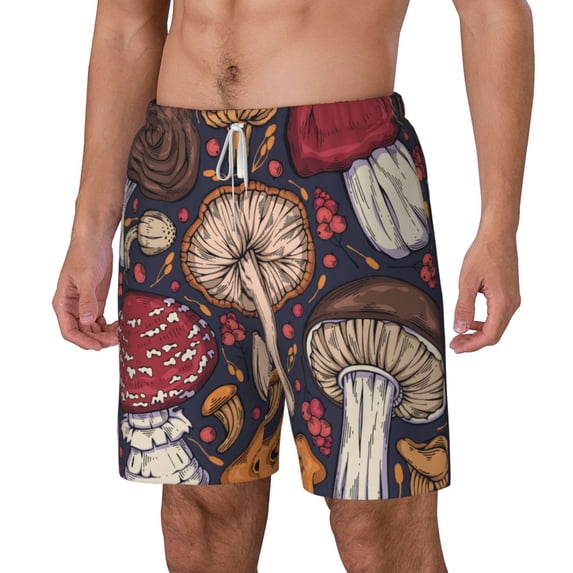Goofa Forest Wild Mushroom Printed Men's Swim Trunks Board Shorts Quick Dry Mens Swimming Trunks with Compression Liner,Breathable Fit Hawaii Beach Shorts-Small