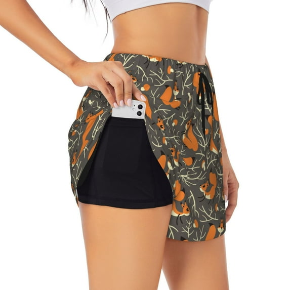 Goofa Fox And Mushroom Printed Women 2 in 1 Running Shorts,Quick Dry Athletic Workout Shorts,High Waisted Athletic Shorts with Liner Pockets-X-Large