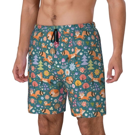 Goofa Foxes and Birds in Forest Printed Men's Swim Trunks Board Shorts Quick Dry Mens Swimming Trunks with Compression Liner,Breathable Fit Hawaii Beach Shorts-Medium