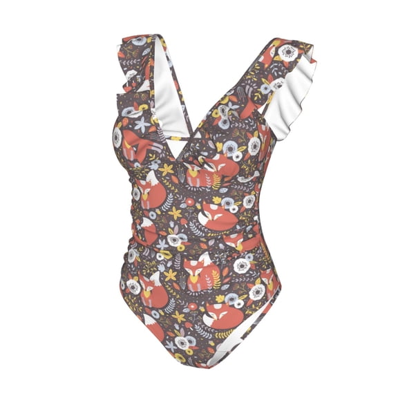 Goofa Foxes Print Women's Ruffled One Piece Swimsuit V Neck