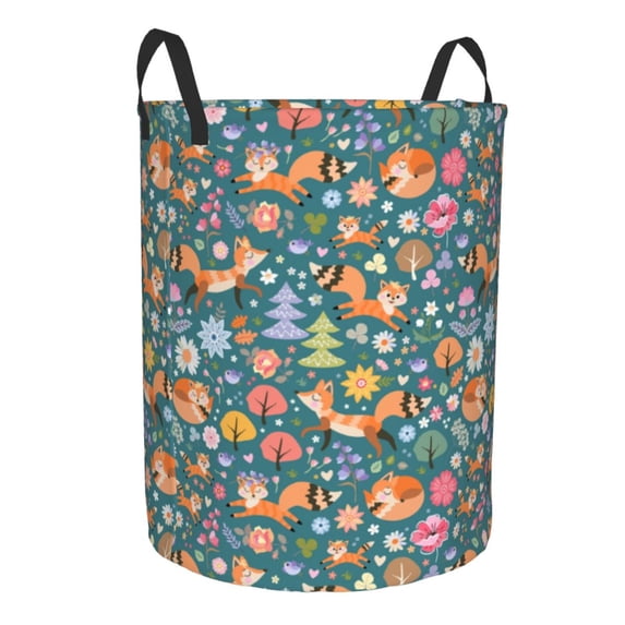 Goofa Foxes and Birds in Forest Printed Circular Hamper,Laundry Basket with Handles,Storage Baskets Foldable,Large Capacity Laundry Hamper-Medium