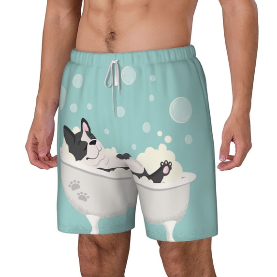 Goofa French Bulldog Taking a Bath Printed Men's Swim Trunks Board Shorts Quick Dry Mens Swimming Trunks with Compression Liner,Breathable Fit Hawaii Beach Shorts-X-Large