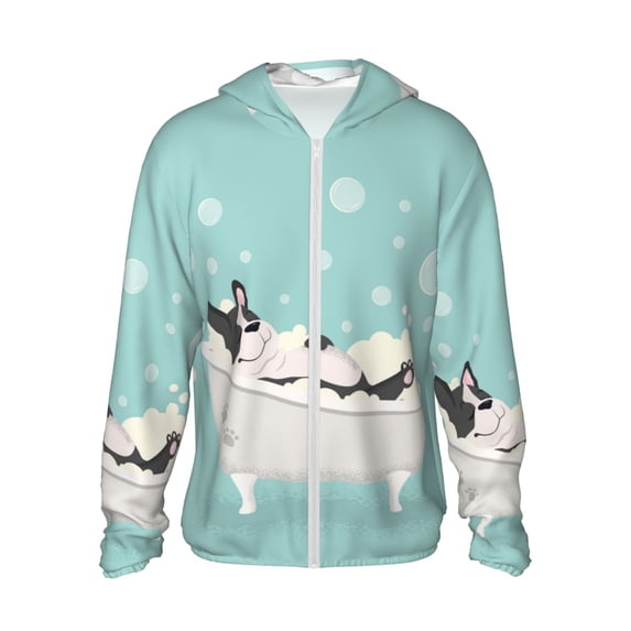 Goofa French Bulldog Taking a Bath Printed Women's UPF 50+ Sun Protection Hoodie Jacket Lightweight Long Sleeve Sun Shirt for Women with Pocket Hiking Outdoor-