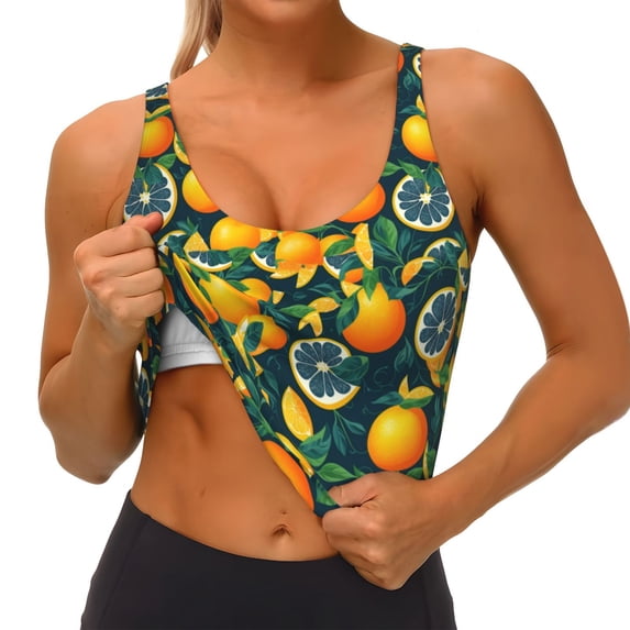 Goofa Fresh Orange Printed Sports Bras for Women, High Impact Running Bra Workout Crop Tank Tops Longline Sports Bra Push up-Large