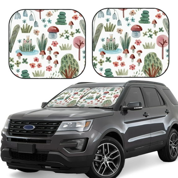 Goofa Frog and Forest Plants Pattern 2 Piece Car Windshield Sun Shade Foldable | Front Windshield Shade for Sun, Heat and UV Rays | Sunshade for Car Front Window-