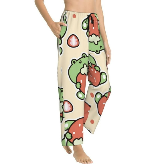 Goofa Frog Hold Strawberry Printed Soft Pajama Pants for Women, Wide Leg Comfy Casual Lounge Yoga Pants-X-Large