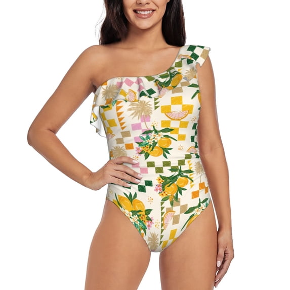 Goofa Fruit Pattern Women's One Piece Swimsuits Tummy Control Bathing Suits Asymmetric One Shoulder Swimwear-X-Large
