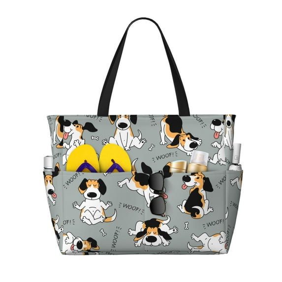 Goofa Funny Beagle Active Dog Print Beach Bags Waterproof Beach Tote Bag Zipper Sandproof Swim Pool Bag Large Tote Beach Vacation Travel