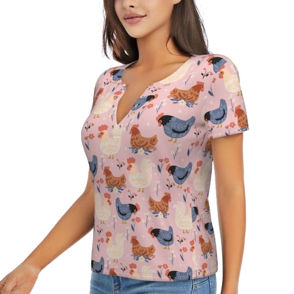 Goofa Funny Chicken Pattern Womens Deep V Neck Low Cut Tops Casual Summer Short Sleeve Ribbed Knit T-Shirts-X-Large