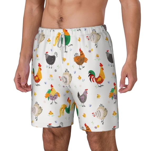 Goofa Funny Chicken Printed Men's Swim Trunks Board Shorts Quick Dry Mens Swimming Trunks with Compression Liner,Breathable Fit Hawaii Beach Shorts-Small