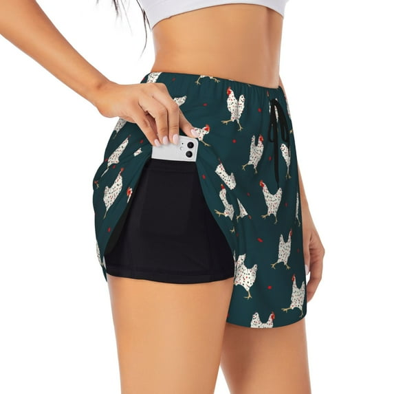 Goofa Funny Chicken Printed Women 2 in 1 Running Shorts,Quick Dry Athletic Workout Shorts,High Waisted Athletic Shorts with Liner Pockets-
