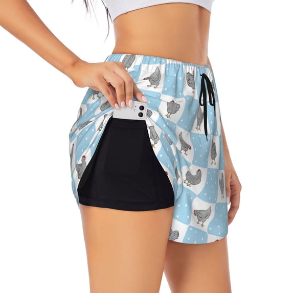 Goofa Funny Chicken Printed Women 2 in 1 Running Shorts,Quick Dry Athletic Workout Shorts,High Waisted Athletic Shorts with Liner Pockets-X-Large