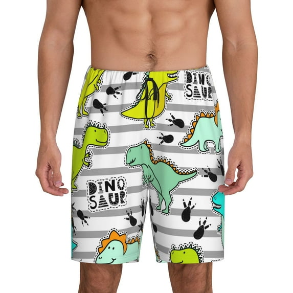 Goofa Funny Dinosaurs on Stripes Pattern Men's Pajama Short Sleep Shorts Soft Comfortable Breathable Pajamas Shorts with Pockets-Medium