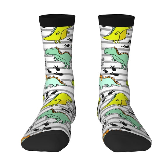 Goofa Funny Dinosaurs on Stripes Printed Men's Crew Socks, Soft Durable Breathable Moisture-Wicking with Odor Control Cotton socks