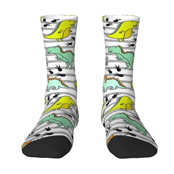 Goofa Funny Dinosaurs on Stripes Printed Men's Crew Socks, Soft Durable Breathable Moisture-Wicking with Odor Control Cotton socks