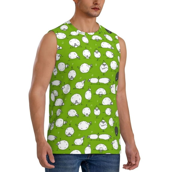 Goofa Funny Sheep Doing Yoga Printed Men's Sleeveless T-Shirt - Athletic Gym Workout Tank Top for Men - Moisture-Wicking, UPF 30+ Quick-Dry Muscle Tee-Large