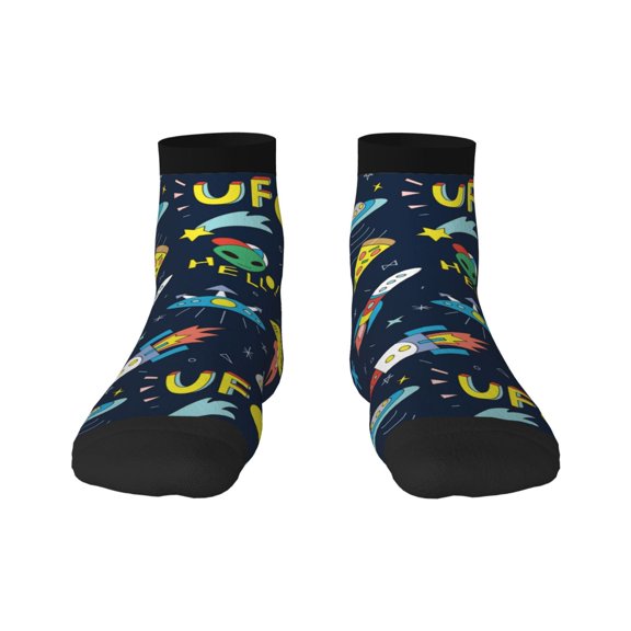 Goofa Funny Spaceships Pattern Non Slip Socks with Grips for Elderly, Crew Socks Yoga Hospital Socks Cushioned Sole Gripper Socks for Men Women
