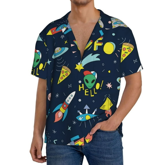 Goofa Funny Spaceships Printed Men's Casual Short-sleeved Shirt,Lightweight Breathable Button-down,Summer Casual men's top,Versatile Fashion shirt-Medium