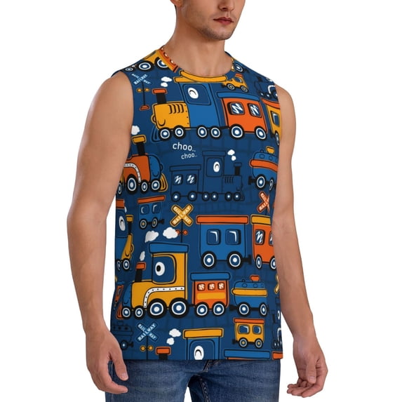 Goofa Funny Steam Train Printed Men's Sleeveless T-Shirt - Athletic Gym Workout Tank Top for Men - Moisture-Wicking, UPF 30+ Quick-Dry Muscle Tee-Medium