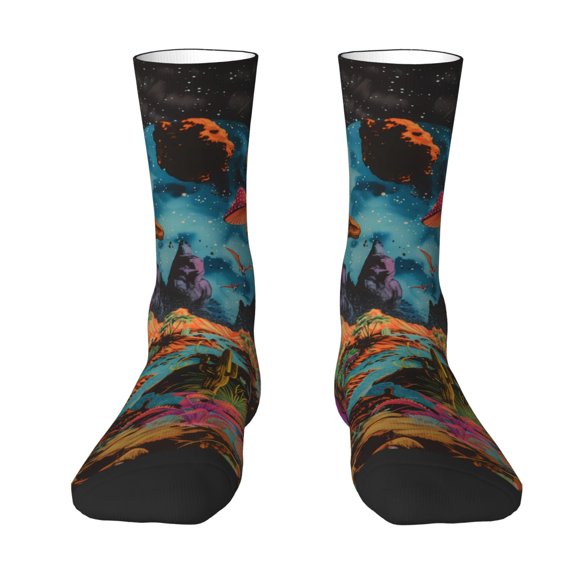 Goofa Galactic Jungle Dinosaurs Printed Men's Crew Socks, Soft Durable Breathable Moisture-Wicking with Odor Control Cotton socks