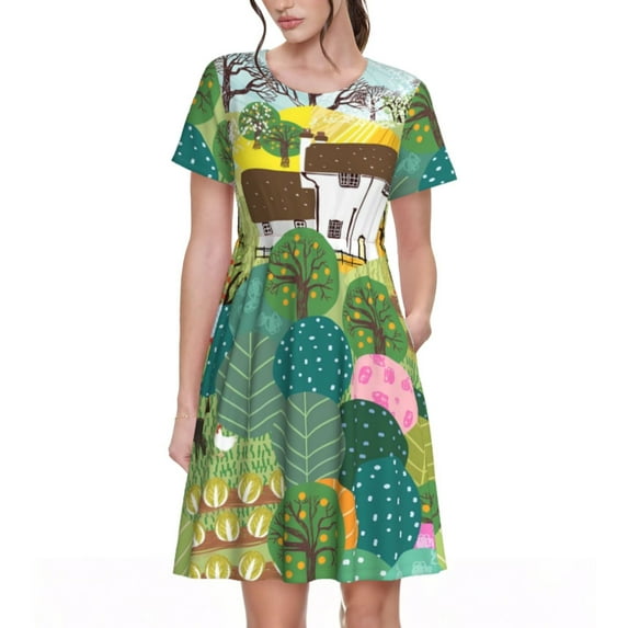 Goofa Garden Farm Pattern Women Summer Short Sleeve Midi Dress with Pockets Casual Aline Flowy Tshirt Dress Vocation Beach Sundress
