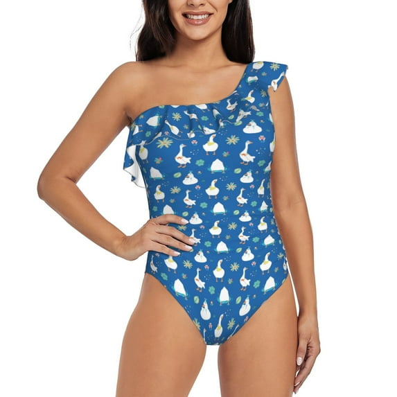 Goofa Geese and leaves Pattern Women's One Piece Swimsuits Tummy Control Bathing Suits Asymmetric One Shoulder Swimwear-XX-Large