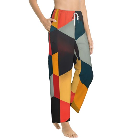 Goofa Geometric Cube Pattern Art Printed Soft Pajama Pants for Women, Wide Leg Comfy Casual Lounge Yoga Pants-XX-Large