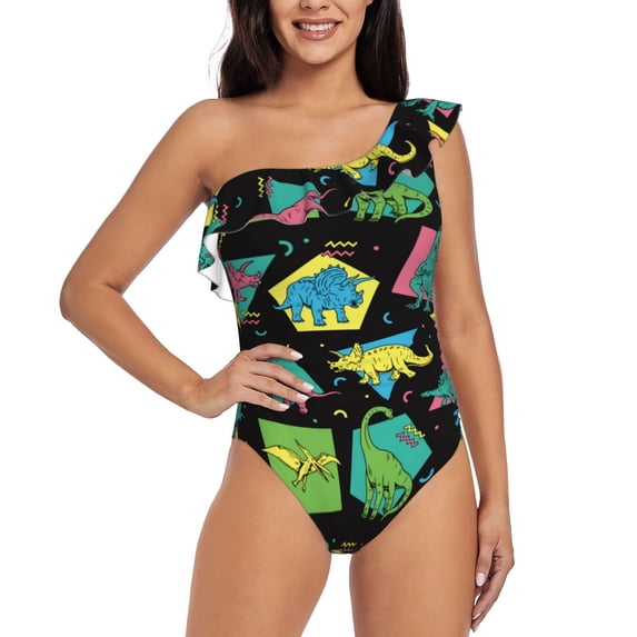 Goofa Geometric Dinosaur Pattern Women's One Piece Swimsuits Tummy Control Bathing Suits Asymmetric One Shoulder Swimwear-Medium