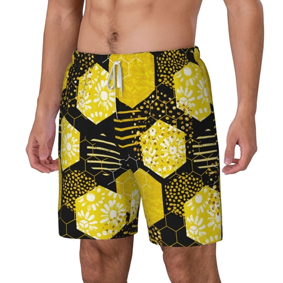 Goofa Geometric Pattern with Bee Printed Men's Swim Trunks Board Shorts Quick Dry Mens Swimming Trunks with Compression Liner,Breathable Fit Hawaii Beach Shorts-X-Large