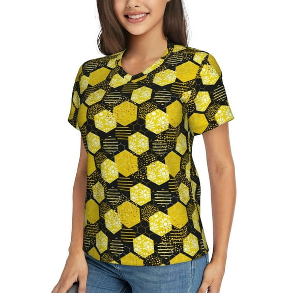 Goofa Geometric Pattern with Bee Pattern Women's Slim-Fit Short-Sleeve V-Neck T-Shirt,Classic-Fit Short-Sleeve V-Neck T-Shirt-Small