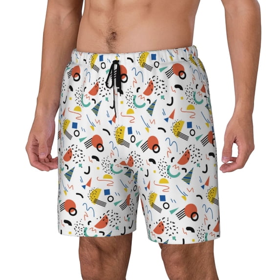 Goofa Geometric Retro Printed Men's Swim Trunks Board Shorts Quick Dry Mens Swimming Trunks with Compression Liner,Breathable Fit Hawaii Beach Shorts-Large