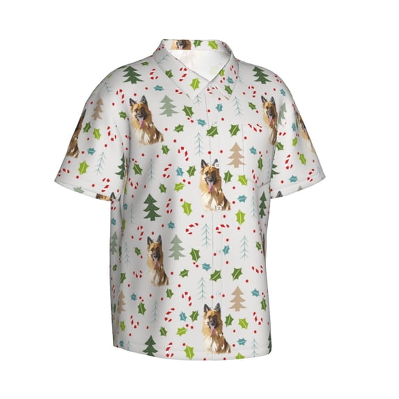 Goofa German Shepherd Dog Hawaiian Shirt for Men, Unisex Summer Beach Casual Short Sleeve Button Down Shirts,Aloha Tropical Floral print shirt-Large