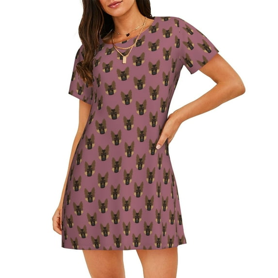 Goofa German Shepherd Dog Print Women’s Cotton Nightdress – Short-Sleeved Sleep Dress, Casual Loose-Fit Lounge Wear, Comfortable and Stylish Sleepwear for Women