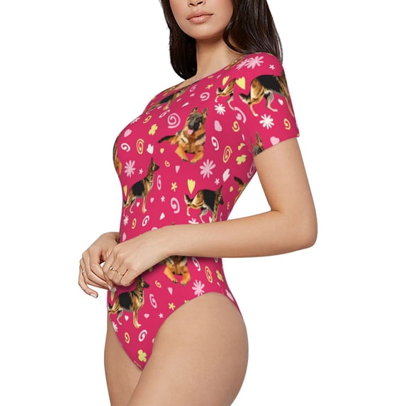 Goofa German Shepherd Dog Printed Women Rash Guard Short Sleeve,Tummy control Swimsuit Surfing Swimsuit Bathing Suit One Piece Swimsuit UPF 50-Large