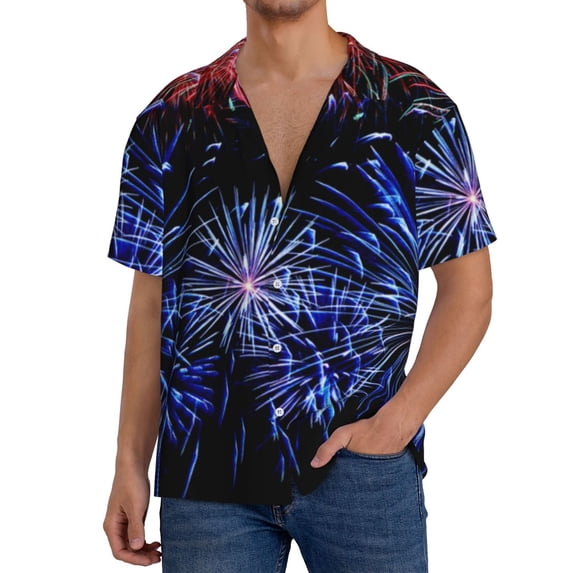 Goofa Glasses And Fireworks Printed Men's Casual Short-sleeved Shirt,Lightweight Breathable Button-down,Summer Casual men's top,Versatile Fashion shirt-Small