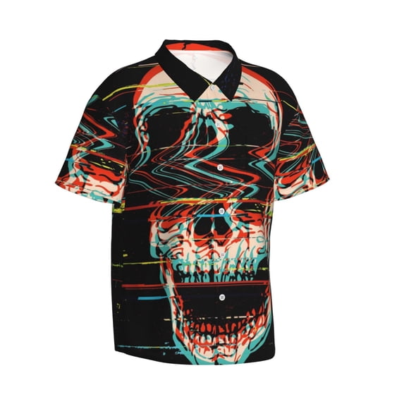 Goofa Glitch Screaming Skull Hawaiian Shirt for Men, Unisex Summer Beach Casual Short Sleeve Button Down Shirts,Aloha Tropical Floral print shirt-Small