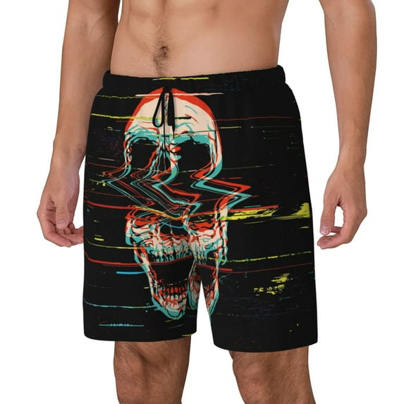 Goofa Glitch Screaming Skull Printed Men's Swim Trunks Board Shorts Quick Dry Mens Swimming Trunks with Compression Liner,Breathable Fit Hawaii Beach Shorts-