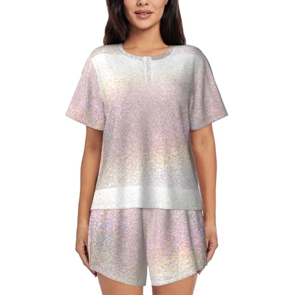 Goofa Glitter Light Pearl for Womens Cotton 2 Piece Pajamas Set Classic Short Sleeve Pjs Set Soft Button Down Sleepwear Loungewear-Small