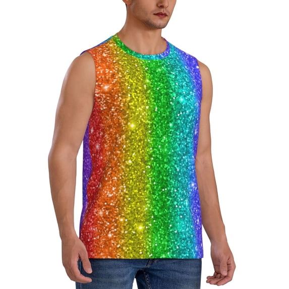 Goofa Glitter Rainbow Printed Men's Sleeveless T-Shirt - Athletic Gym Workout Tank Top for Men - Moisture-Wicking, UPF 30+ Quick-Dry Muscle Tee-3X-Large