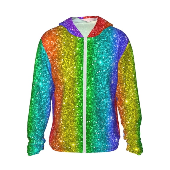Goofa Glitter Rainbow Printed Women's UPF 50+ Sun Protection Hoodie Jacket Lightweight Long Sleeve Sun Shirt for Women with Pocket Hiking Outdoor-Large