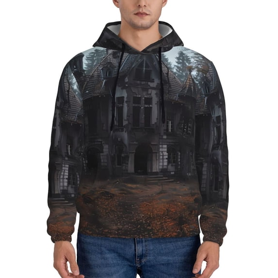 Goofa Gloomy Mansion Forest Scene for Men's Hooded Sweatshirt - Lightweight Pullover Hoodie with Kangaroo Pocket, Perfect for Everyday Wear-X-Large