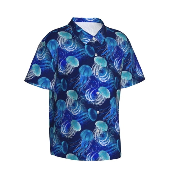 Goofa Glowing Jellyfish Pattern Hawaiian Shirt for Men, Unisex Summer Beach Casual Short Sleeve Button Down Shirts,Aloha Tropical Floral print shirt-Medium