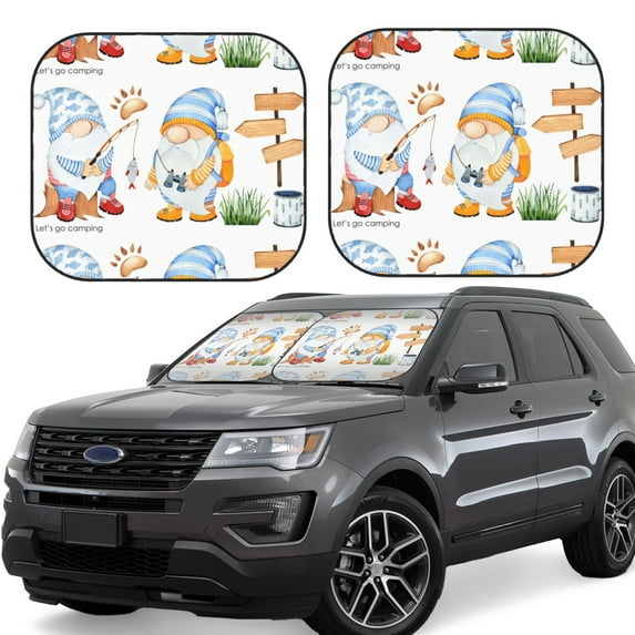 Goofa Gnome Camping Fishing Pattern 2 Piece Car Windshield Sun Shade Foldable | Front Windshield Shade for Sun, Heat and UV Rays | Sunshade for Car Front Window-