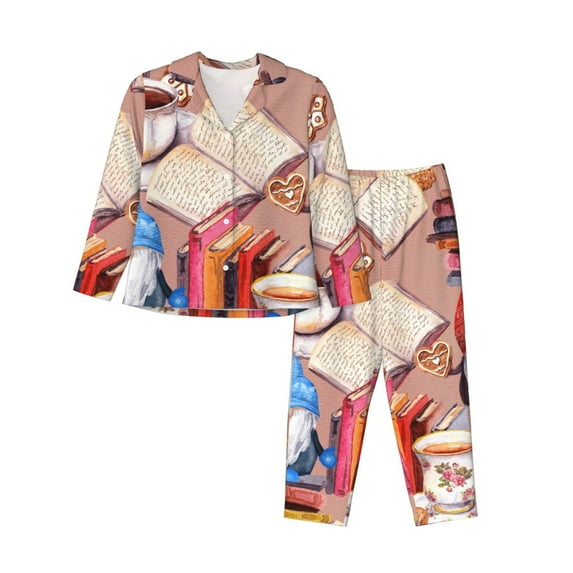 Goofa Gnomes Books Tea Cups Printed Women’s 2 Piece Pajama Set Super,Pajamas Women's Long Sleeve Sleepwear Soft Button Down Loungewear Pjs Lounge Set Nightwear-