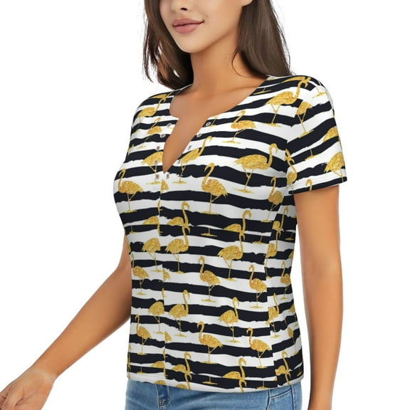 Goofa Gold Flamingo Pattern Womens Deep V Neck Low Cut Tops Casual Summer Short Sleeve Ribbed Knit T-Shirts-Small