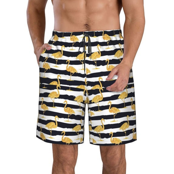 Goofa Gold Flamingo Printed Mens Swim Trunks Summer Quick Dry Short Beach Swimwear Bathing Suits-Small