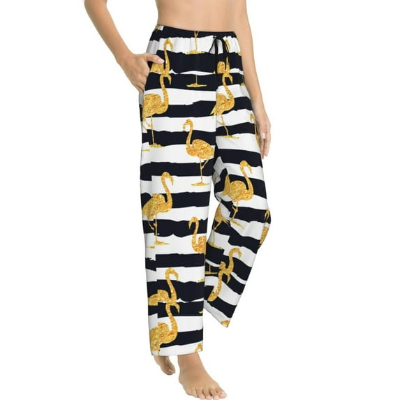 Goofa Gold Flamingo Printed Soft Pajama Pants for Women, Wide Leg Comfy Casual Lounge Yoga Pants-Large