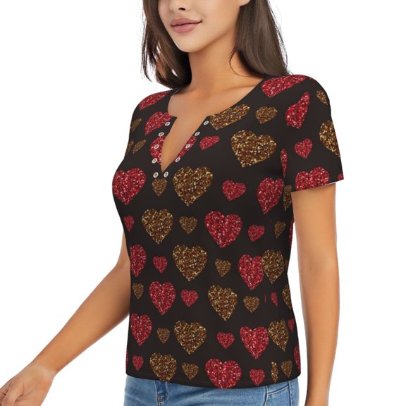 Goofa Gold Glitter Heart Pattern Womens Deep V Neck Low Cut Tops Casual Summer Short Sleeve Ribbed Knit T-Shirts-Small