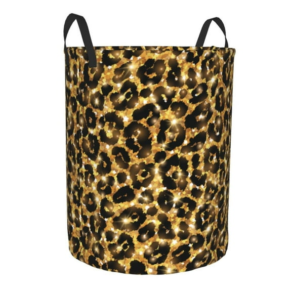Goofa Gold Glitter Leopard Printed Circular Hamper,Laundry Basket with Handles,Storage Baskets Foldable,Large Capacity Laundry Hamper-Medium