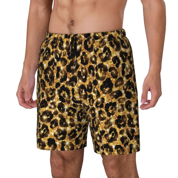 Goofa Gold Glitter Leopard Printed Men's Swim Trunks Board Shorts Quick Dry Mens Swimming Trunks with Compression Liner,Breathable Fit Hawaii Beach Shorts-